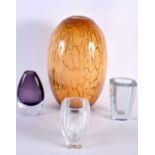 A LARGE ART GLASS YELLOW VASE together with three Scandinavian glass vases. Largest 30 cm high. (4)
