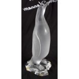 A LARGE FRENCH LALIQUE GLASS FIGURE OF A PENGUIN modelled standing upon cracked ice. 28 cm high.