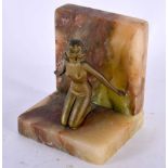AN ART DECO SPELTER AND ONYX BOOKEND. 14 cm x 10 cm.
