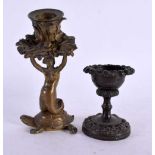 A 19TH CENTURY EUROPEAN GRAND TOUR BRONZE FIGURAL CANDLESTICK together with a Regency bronze desk