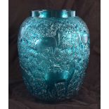 A FRENCH BLUE GLASS LALIQUE BICHES VASE decorated with deer amongst landscapes. 18 cm x 12 cm.