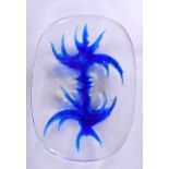 A LARGE FRENCH BLUE AND CLEAR GLASS LALIQUE DISH decorated with a large naturalistic floral spray.