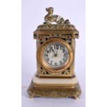 A 19TH CENTURY FRENCH AESTHETIC BRONZE AND MARBLE MANTEL CLOCK modelled in the Japanese manner. 18