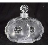 A FRENCH LALIQUE GLASS DOUBLE FLOWER SCENT BOTTLE AND STOPPER. 9 cm x 7 cm.