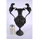 A LARGE 19TH CENTURY TWIN HANDLED BRONZE GRAND TOUR VASE decorated in relief with figures, the