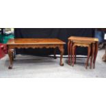 A Burr Walnut Coffee Table with claw feet legs together with a Trio of Inlaid tables 47 x 106 x 56