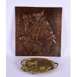 AN ART NOUVEAU TWIN HANDLED BRONZE MAIDEN DISH together with a repousse metal horse plaque.