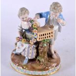 A GERMAN MEISSEN PORCELAIN FIGURAL GROUP modelled as a boy and girl beside a bird cage. 15 cm x 8