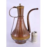 A MIDDLE EASTERN PAINTED COPPER EWER AND COVER. 44 cm x 18 cm.