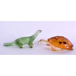 A FRENCH LALIQUE GREEN GLASS REPTILE together with a Lalique amber glass tortoise. 15 cm long. (2)