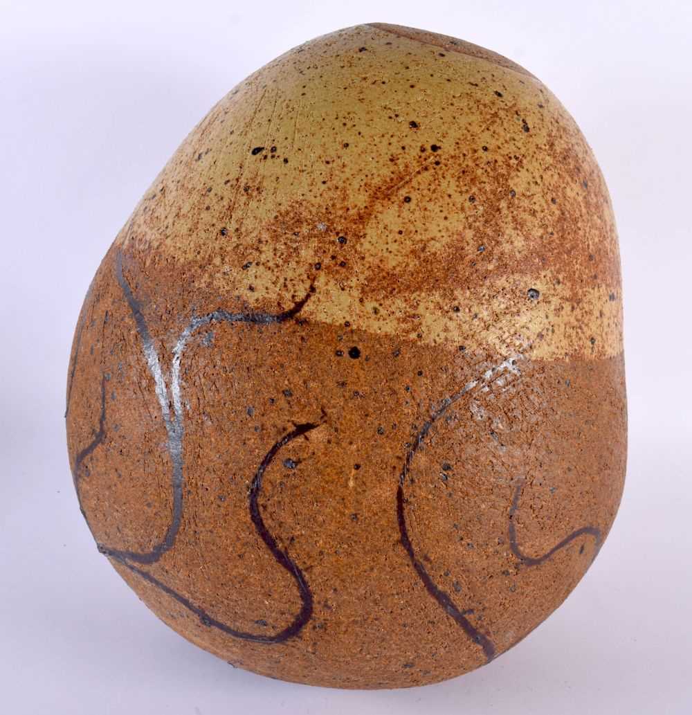 AN UNUSUAL LARGE ENGLISH STUDIO POTTERY STONEWARE DINOSAUR EGG painted with motifs. 35 cm x 28 cm. - Image 2 of 4