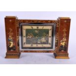 AN EDWARDIAN GEORGE III STYLE CHINOISERIE LACQUERED COUNTRY HOUSE MANTEL CLOCK decorated with