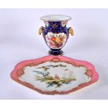 AN EARLY 19TH CENTURY ENGLISH PORCELAIN VASE together with a similar pink ground dish painted with