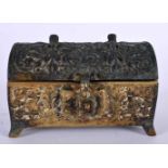A 17TH/18TH CENTURY CONTINENTAL BRONZE CASKET decorated in relief with scrolling acanthus and