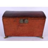 A GEORGE III MOROCCAN LEATHER COUNTRY HOUSE CASKET with brass lion mask head mounts. 29 cm x 18 cm.