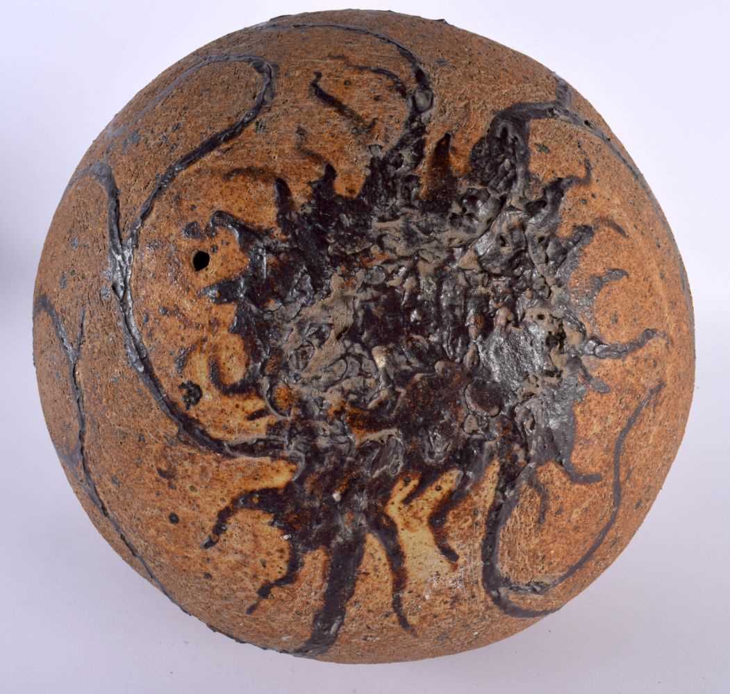 AN UNUSUAL LARGE ENGLISH STUDIO POTTERY STONEWARE DINOSAUR EGG painted with motifs. 35 cm x 28 cm. - Image 4 of 4