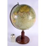 AN EARLY 20TH CENTURY ENGLISH COMPASS INSET GLOBE upon a mahogany plinth. 50 cm x 24 cm.