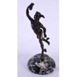 A 19TH CENTURY EUROPEAN GRAND TOUR BRONZE FIGURE OF MERCURY modelled upon a marble plinth. 25 cm