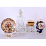AN ANTIQUE BACCARAT CUT GLASS INKWELL together with a Holmegaard gluck decanter, an imari pattern