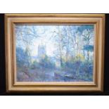 Ann Parkin Framed Oil on board "Early morning Priston" dated 1988.45 bx 60 cm.