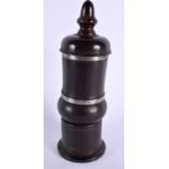 AN 18TH CENTURY CONTINENTAL CARVED TREEN COFFEE GRINDER with white metal mounts. 21 cm high.