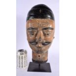 AN UNUSUAL 19TH CENTURY MIDDLE EASTERN INDIAN CARVED WOOD MASK HEAD SCULPTURE modelled as a