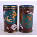 A PAIR OF 19TH CENTURY JAPANESE MEIJI PERIOD CLOISONNE ENAMEL BRUSH POTS decorated with birds and