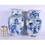 A LARGE PAIR OF 19TH CENTURY CHINESE PORCELAIN BLUE AND WHITE PORCELAIN VASES bearing Kangxi marks