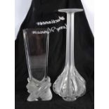 TWO LARGE FRENCH LALIQUE GLASS VASES. Largest 34 cm high. (2)