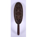 AN ANTIQUE TREEN WOOD BISCUIT MOULD. 30 cm long.