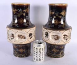 A large pair of Japanese Meiji Period Makuzu Kozan earthenware vases, unusually depicting frogs with