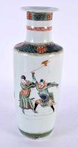 A 19TH CENTUY CHINESE FAMILLE VERTE PORCELAIN ROULEAU VASE Kangxi style, painted with a scene from