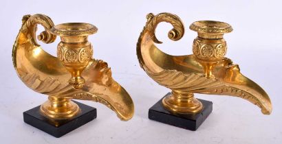 A PAIR OF EARLY 19TH CENTURY ENGLISH REGENCY ORMOLU OIL LAMPS modelled in the classical Romanesque