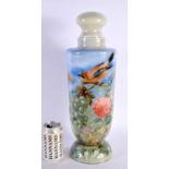 A LARGE ANTIQUE DECALCOMANIA GLASS VASE AND COVER decorated with birds and fruiting vines. 44 cm