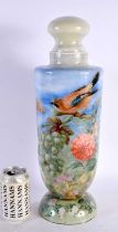 A LARGE ANTIQUE DECALCOMANIA GLASS VASE AND COVER decorated with birds and fruiting vines. 44 cm