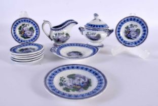 AN UNUSUAL 19TH CENTURY ENGLISH MINIATURE TOY BREAKFAST SET painted and printed with fishing scenes.