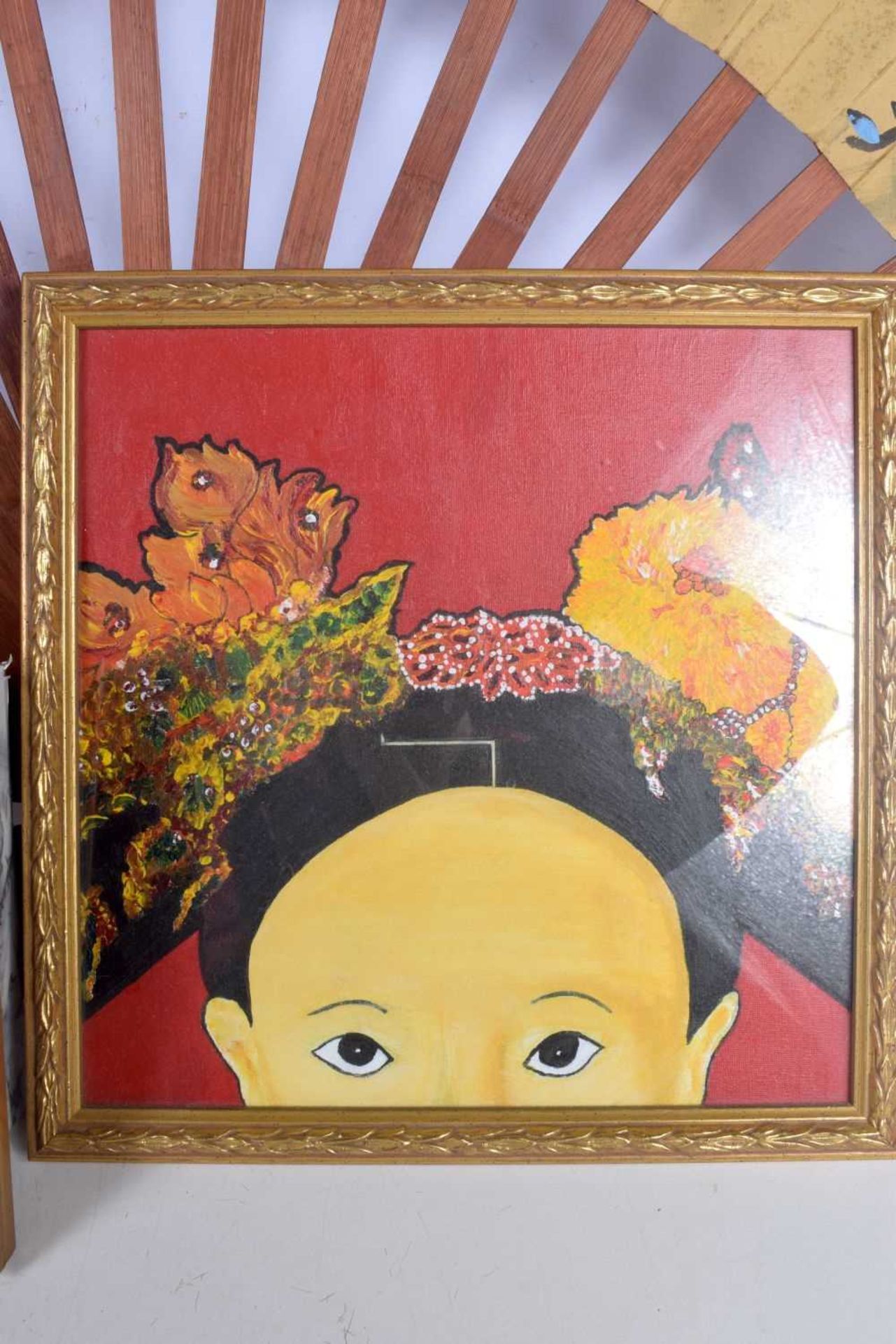 A framed pair of Chinese slippers together with a framed oil on board of a Chinese child and a large - Image 5 of 6