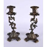 A PAIR OF 19TH CENTURY EUROPEAN BRONZE CANDLESTICKS formed with entwined vines and foliage. 25 cm