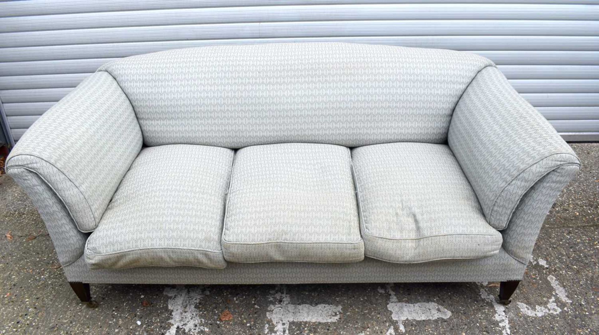 An antique upholstered sofa 80 x 216 x 124 cm.