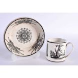 AN EARLY 19TH CENTURY FRENCH CREAMWARE POTTERY CUP AND SAUCER printed with assorted scenes. 11cm