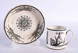 AN EARLY 19TH CENTURY FRENCH CREAMWARE POTTERY CUP AND SAUCER printed with assorted scenes. 11cm