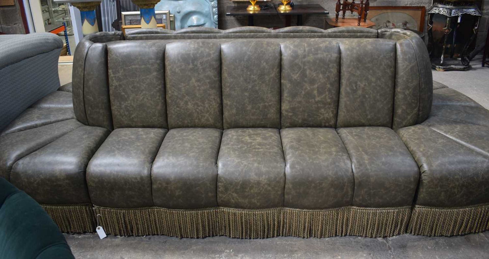 A large Oval Faux leather inter connecting Gallery Sofas with a central wooden panelled insert - Image 2 of 11