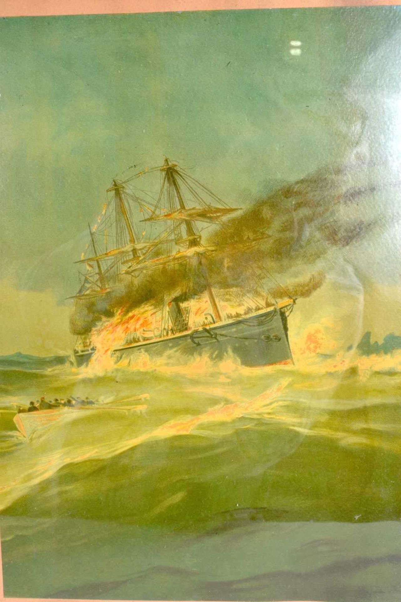 A pair of framed oil on boards depicting a disaster at sea together with a framed watercolour - Image 4 of 5