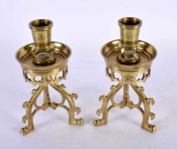 A STYLISH PAIR OF 19TH CENTURY GOTHIC REVIVAL PUGIN STYLE BRONZE CANDLESTICKS by Adolph Frankau & Co