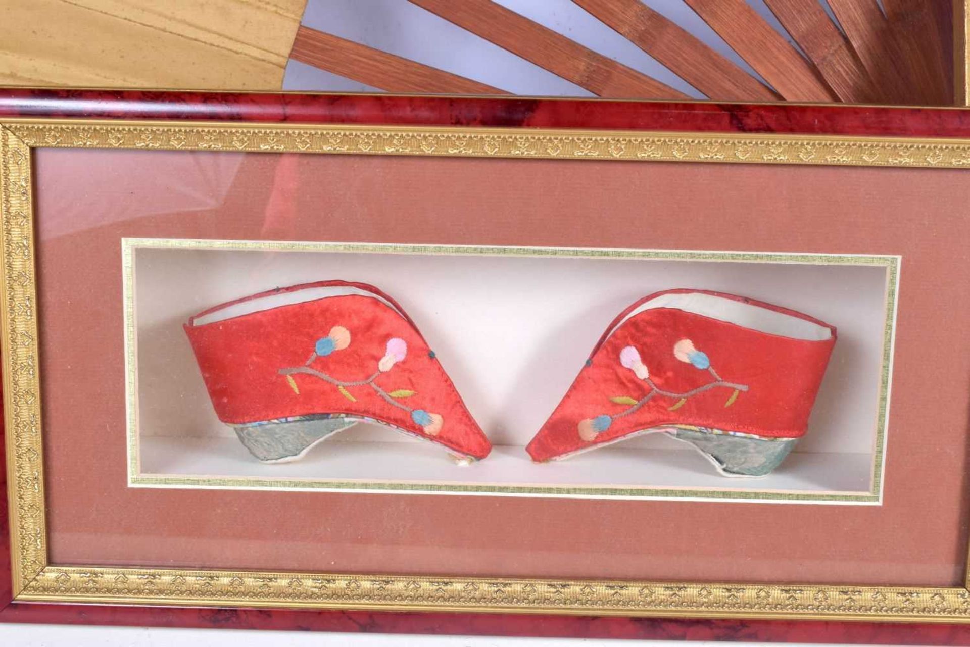 A framed pair of Chinese slippers together with a framed oil on board of a Chinese child and a large - Image 4 of 6