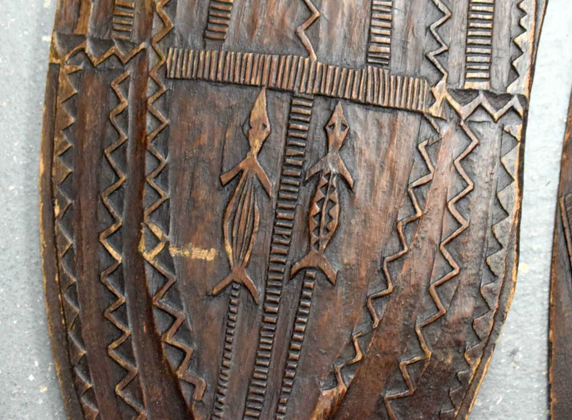 TWO AFRICAN TRIBAL CARVED WOOD PADDLES one decorated with animals, the other with motifs. 160 cm - Image 3 of 13