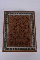 A 19TH CENTURY ANGLO INDIAN CARVED SANDALWOOD MICRO MOSAIC CARD CASE AND COVER. 86 grams. 10.5 cm