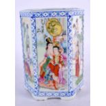 A CHINESE REPUBLICAN PERIOD PORCELAIN BRUSH POT decorated with figures. 14cm x 9 cm.