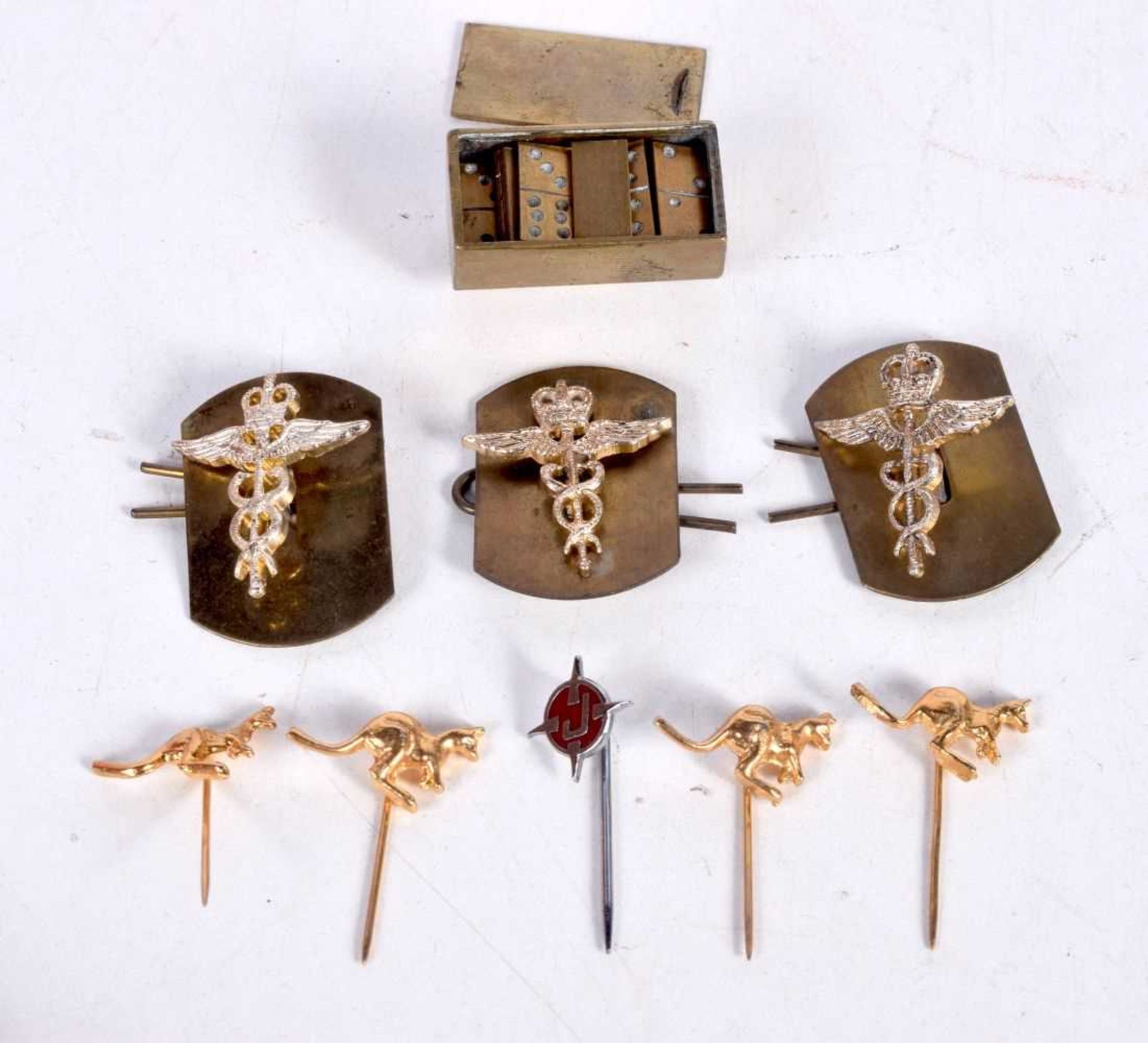 THREE ROYAL AIR FORCE MEDICAL CORPS LAPEL BADGES TOGETHER WITH 4 KANGAROO LAPEL PINS, A MINIATURE