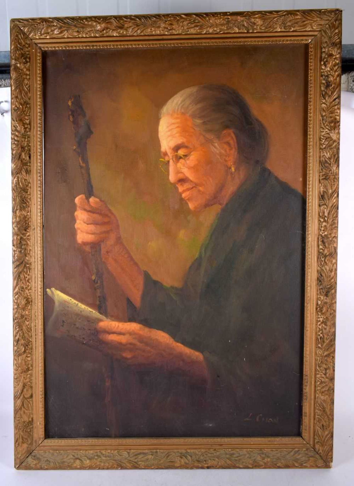 L Chan (20th Century) Chinese, Oil on canvas, Female scholar. 90cm x 60 cm.